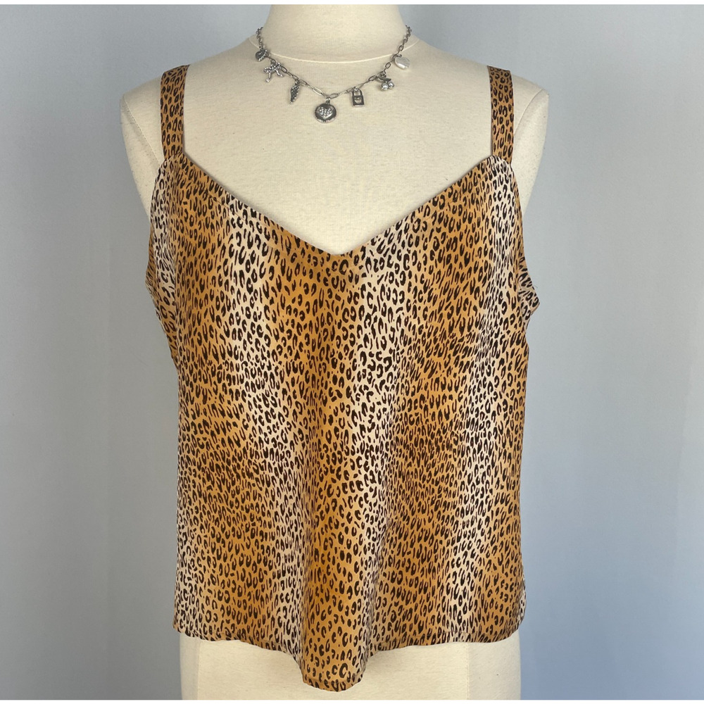 Silk Tank Top Size 14 Brown Cheetah Leopard Print Cropped Slinky Cami Boho Chic